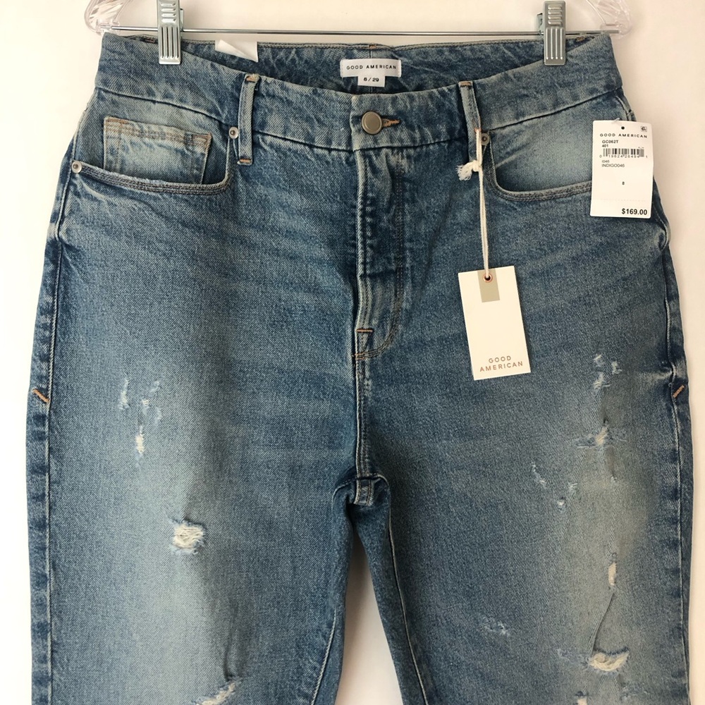Good American Women’s Distressed High Rise Straight Jeans Size 8 Blue